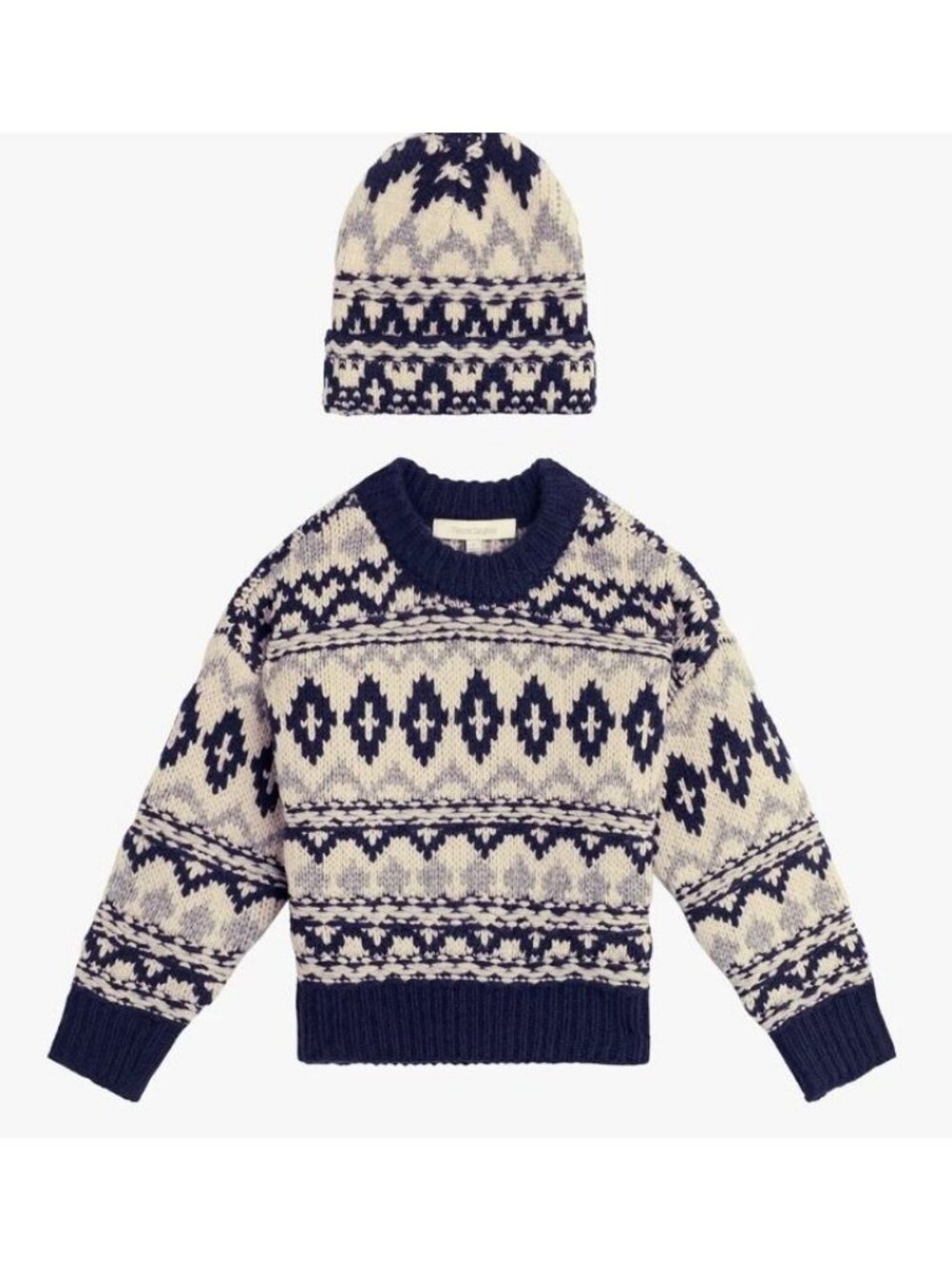 Favorite Daughter Girl's Sweater Hat Set  Fair Isle Blue Grey Medium Size 6/7 NE